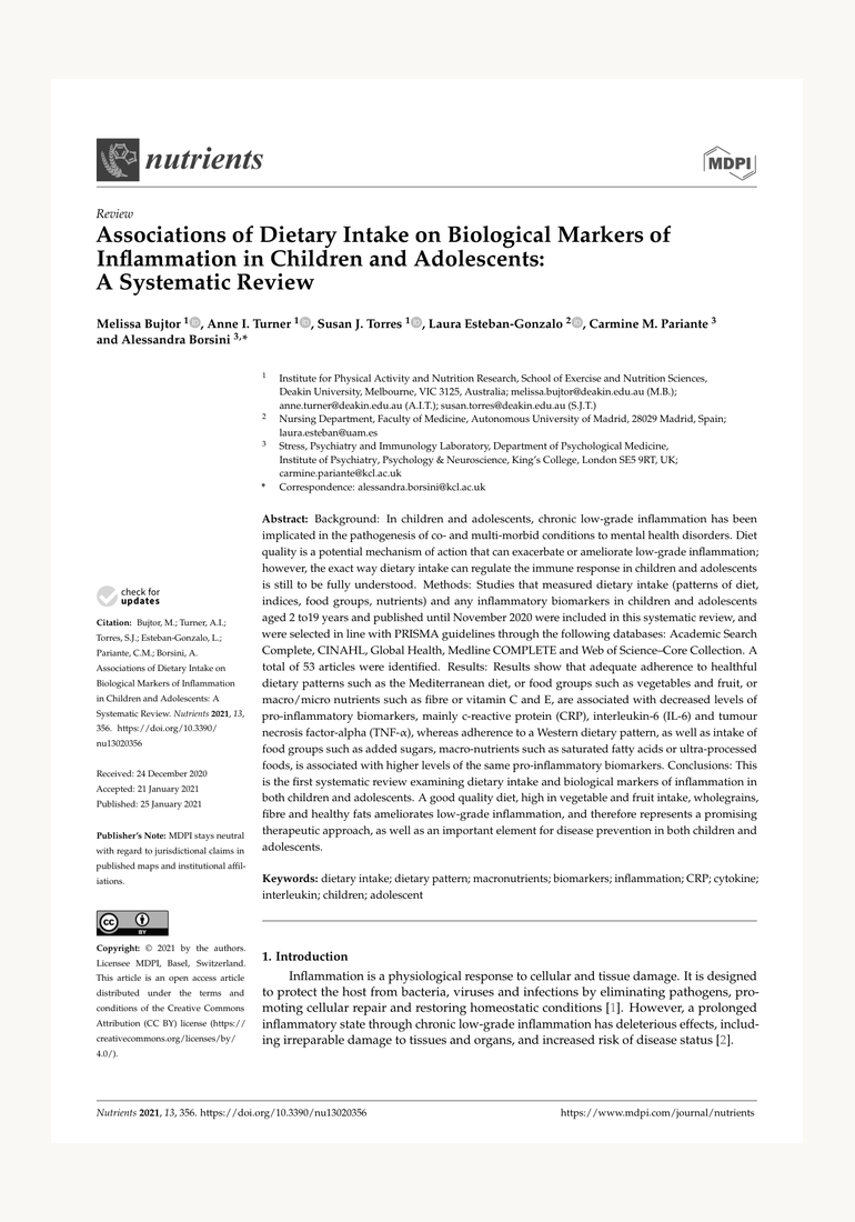 Associations of Dietary Intake on Biological Markers of Inflammation in Children and Adolescents: A Systematic Review